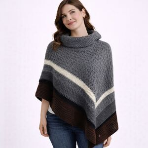 Wool Blend Vertigo Striped Knitted Shawl Cape Pullover Funnel Neck L/XL